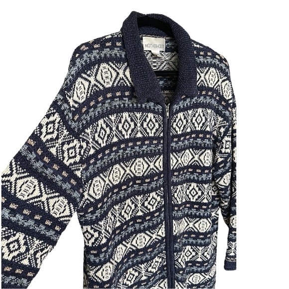 MOTHERHOOD Tribal Style Knit Cardigan Sweater Zip Up Blue Beige Size Large - Picture 5 of 17